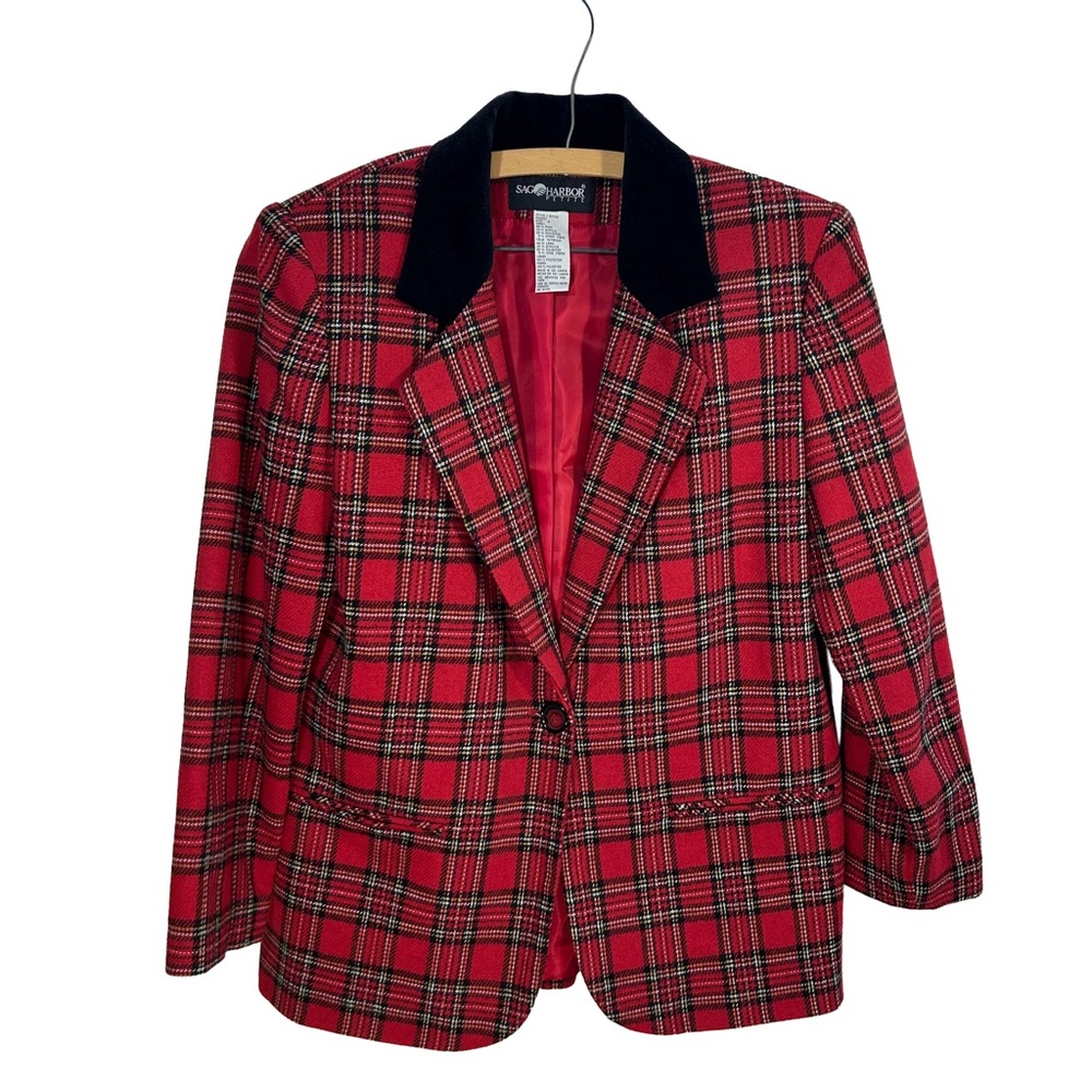 Vintage Sag Harbor Petite Red Plaid Wool Blend Blazer - Size 8P (Good Condition)